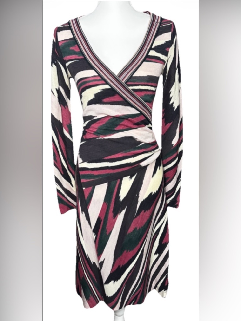Missoni Knit Wrap Dress IT 40 Multicolor Wool Blend V-Neck Made Italy